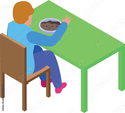 Schoolboy having lunch in the school canteen sitting at the table, isometric view