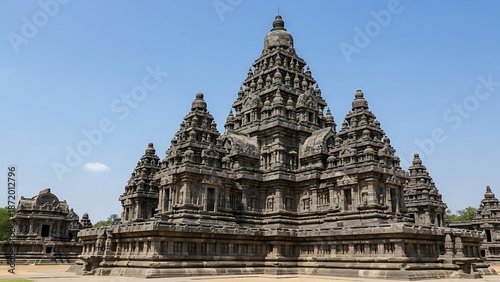 Ancient stone temple complex with multiple spires under a clear blue sky, showcasing intricate historical architecture and cultural heritage.