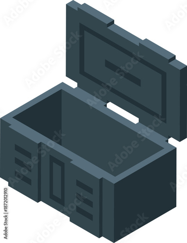 Empty opened metal chest isometric icon is waiting to be filled with treasures and valuables