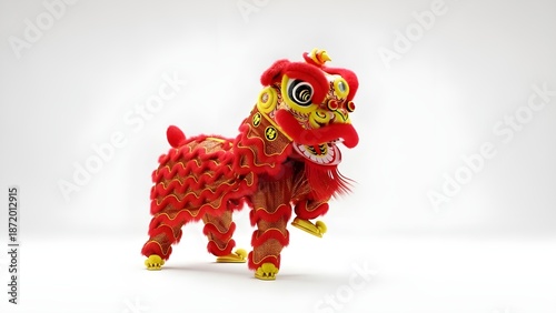 Traditional red Chinese lion dance mascot isolated on white background. Detailed 3D illustration for Lunar New Year design, representing strength, fortune, and cultural heritage.