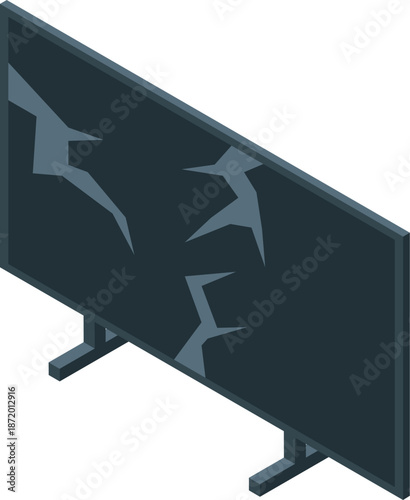 Broken smart tv with cracked screen stands on a white background, illustrating damage and malfunction