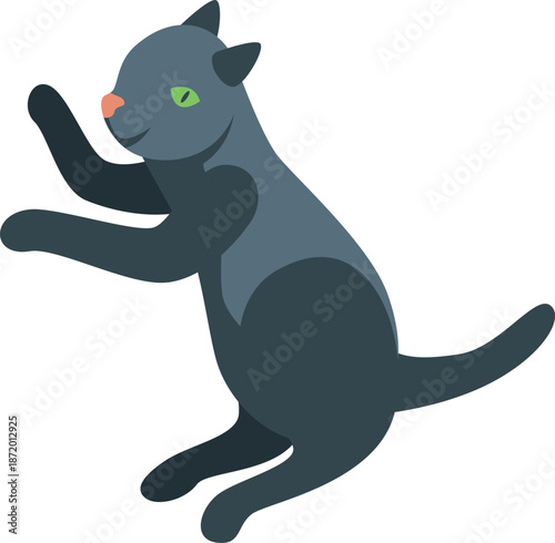 Gray cat with green eyes jumping playfully, reaching upward with paws extended in a cute and energetic pose