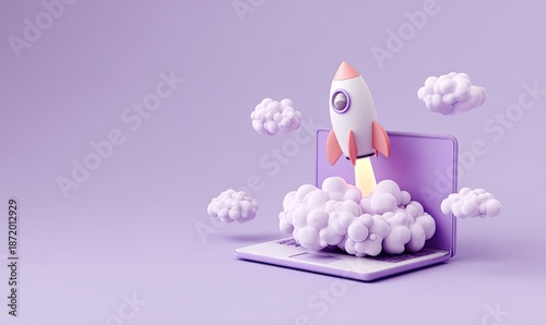 Cartoon rocket launching from laptop amidst clouds, on pastel purple backdrop