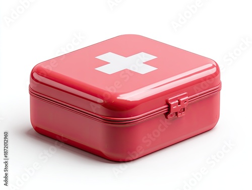 Red first aid kit box, top center view, with white cross icon on lid