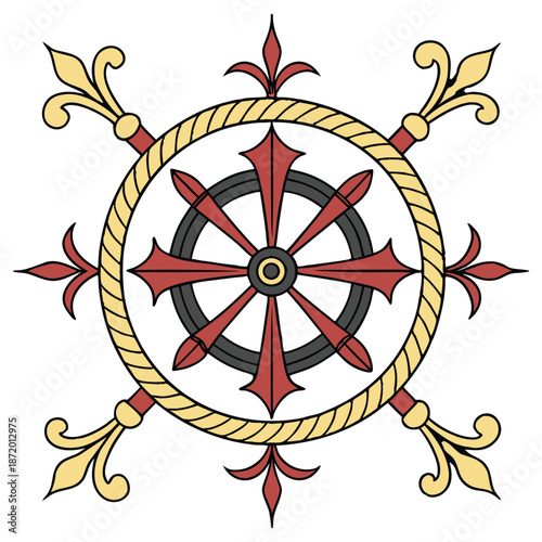 Antique Knight Shield Badge with Rope Border and Fleur-de-lis Cross