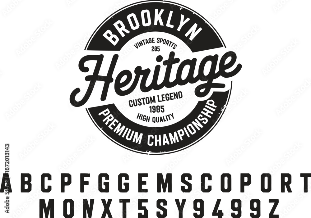 Fototapeta premium Black and white vintage sports heritage text with alphabet characters