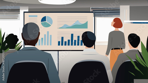 Vector illustration of business people in meeting with presentation