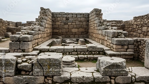 Ancient stone ruins of a historical building under an overcast sky, showcasing weathered architecture and archaeological remains.