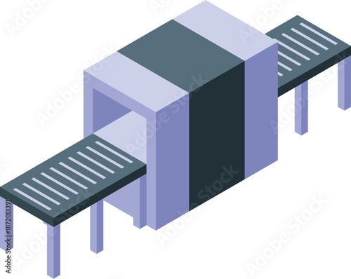 Airport baggage control system scanning luggage passing on a conveyor belt, isometric view