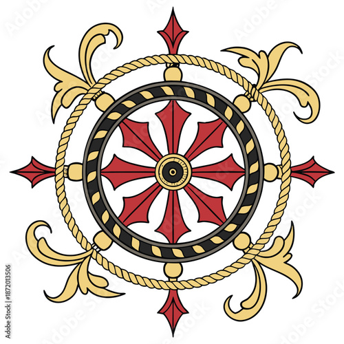 Spiritual Dharma Wheel Emblem with Christian Cross and Lilies Design