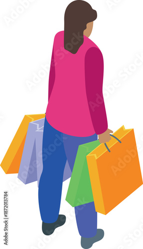 Shopper walking away, carrying shopping bags, seen from behind in isometric view