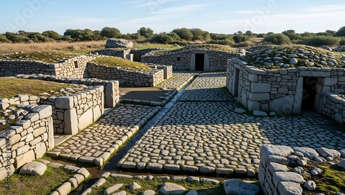 Ancient stone settlement with grass-covered dwellings and paved paths under a bright blue sky.