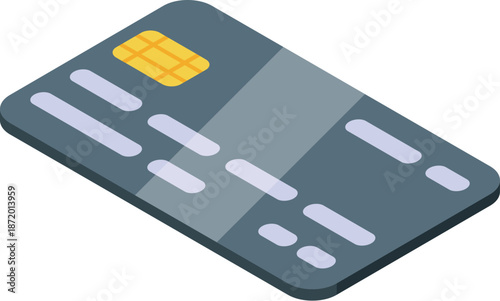 Isometric gray credit card with visible microchip, representing secure online transactions and modern banking