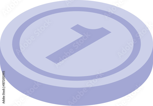 Purple coin showing number one isometric icon isolated on white background