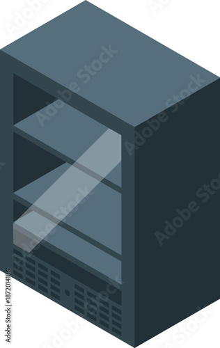 Refrigerator showcase with glass door and shelves is waiting for products in supermarket