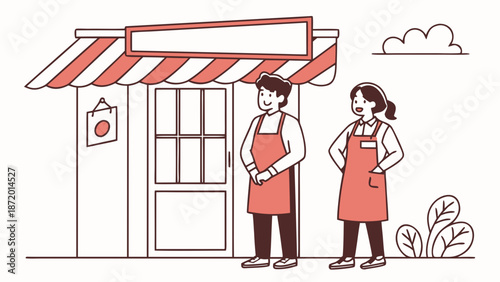 Two shopkeepers in aprons standing in front of their small business with a striped awning.