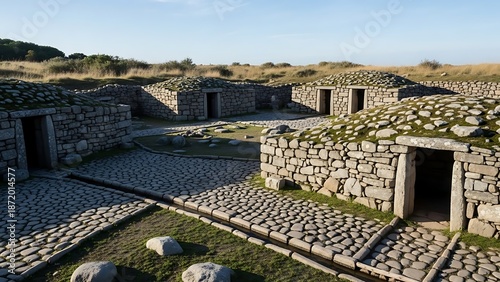 Ancient stone structures with grassy roofs and paved pathways under a clear sky.