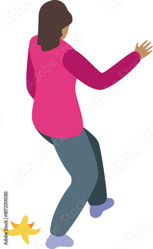 Woman about to slip on banana peel, illustrating concepts of accident, clumsiness, and unexpected danger