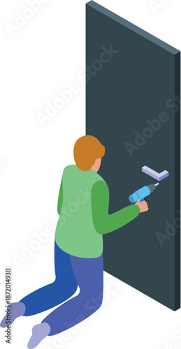 Carpenter kneeling and installing a door handle using an electric drill, isometric view