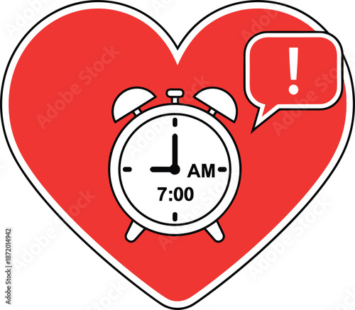 Heart alarm clock reminder icon illustration, love time alert concept, morning notification symbol, flat bold design, isolated on white background