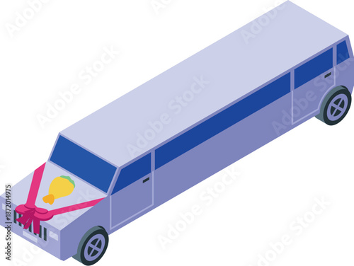 Long white limousine decorated with flowers and ribbons waiting for just married couple outside the church