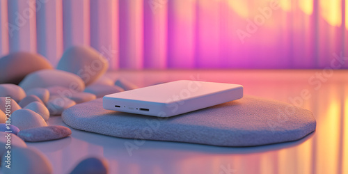 Power Bank Mockup on Stylized Pebble Base with Ambient Lighting