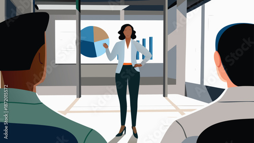 Vector illustration of businesswoman presenting to colleagues in modern office