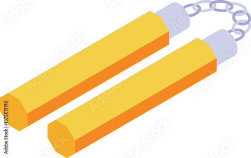 Yellow nunchaku rotating isometrically, showing both sides of the weapon