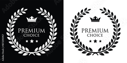 A set of two elegant premium choice award badges featuring a laurel wreath design and a small crown accent