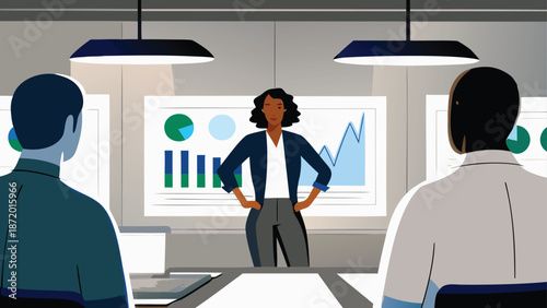 Vector illustration of businesswoman presenting to colleagues in meeting