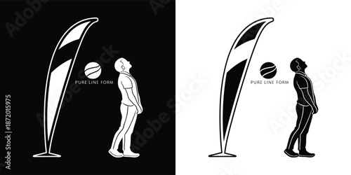 Vector silhouette illustration depicting a man looking up towards a tall curved feather flag design template showcasing contrast