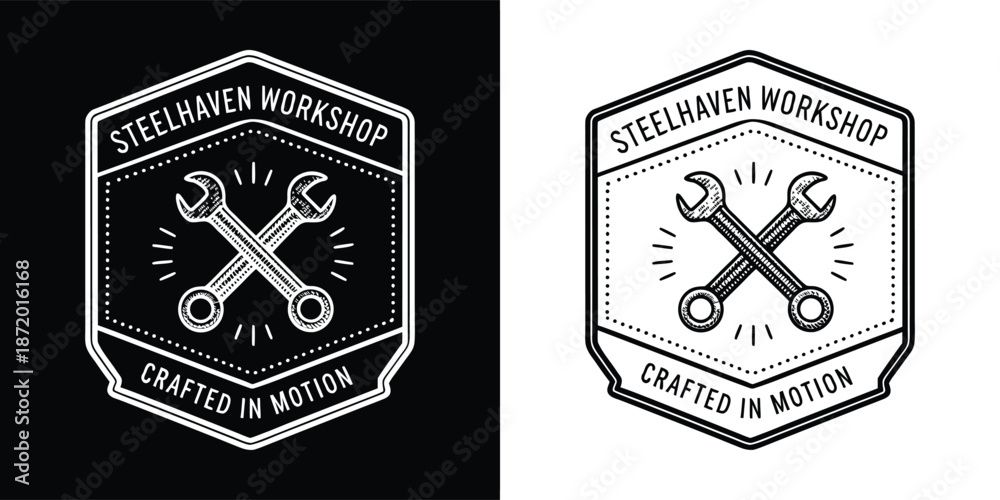 Obraz premium Vintage badge logo design featuring crossed wrenches symbolizes mechanical craft and the phrase crafted in motion for repair services.