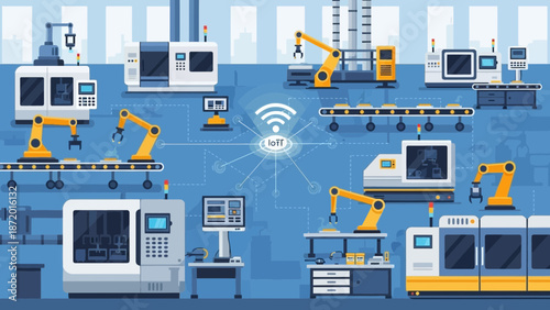 Automated factory with robotic arms and machinery in a blue setting.