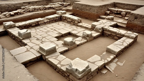 Ancient stone foundations unearthed at an archaeological excavation site, revealing historical architecture.