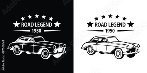 Vintage road legend nineteen fifty classic coupe automobile emblem design presented in contrasting black and white styles