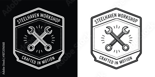 Vintage badge logo design featuring crossed wrenches symbolizes mechanical craft and the phrase crafted in motion for repair services.