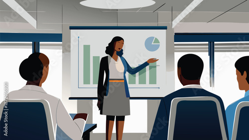 Vector illustration of businesswoman presenting to colleagues in meeting