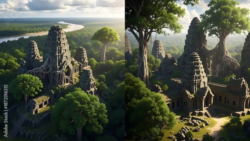 Ancient stone temples and ruins nestled within a lush, dense jungle with towering trees and a winding river under a cloudy sky.