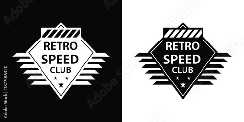 Classic retro speed club emblem design featuring stylized wings and stars presented in both black and white variations