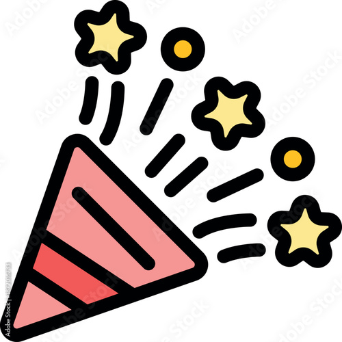 Pink party popper exploding with yellow confetti and stars, celebrating a festive occasion