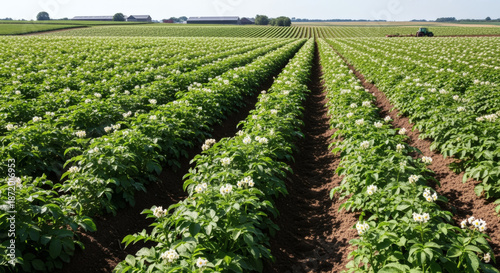 Expansive field of blooming potato plants in rows stretching to the horizon under a bright blue sky, with farm buildings and tractor in the distance