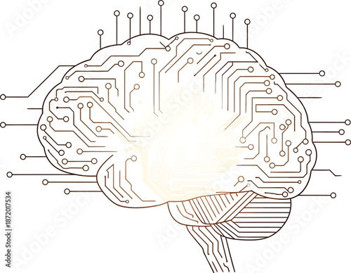 Circuit board brain with glowing core on peach background