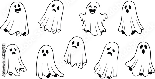 Cute hand drawn ghost characters collection with different emotions and expressions for Halloween decorations stickers and spooky season patterns