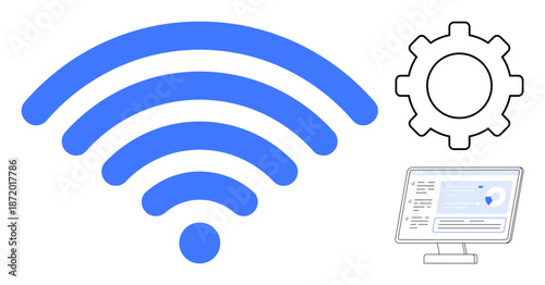 Internet connectivity, network setup, technology interfaces, online communication, system functionality, digital systems. wireless signal icon, gear symbol and monitor screen. Internet connectivity