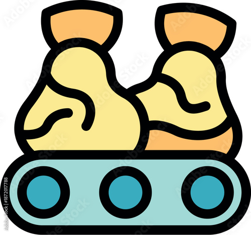 Two sacks of flour being transported on a conveyor belt in a food factory, symbolizing industrial food production