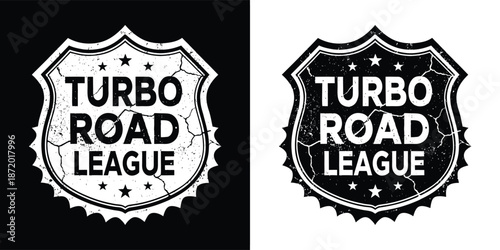 Grunge style emblem featuring the distressed text turbo road league displayed in two contrasting color schemes for maximum versatility