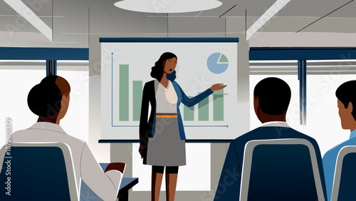 Confident businesswoman presenting data on screen to colleagues