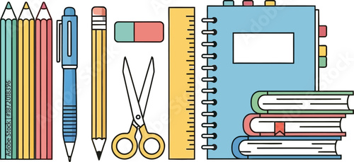 Colorful school supplies and books arranged neatly on a table