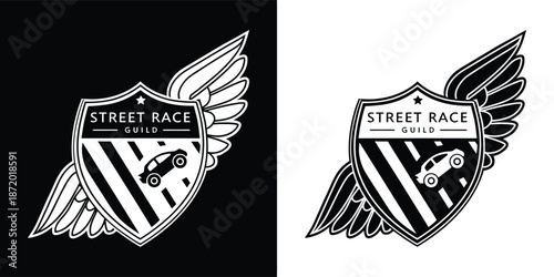 Black and white graphic emblem design featuring a winged shield with a stylized car and the text street race guild