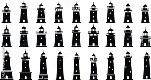 Lighthouse silhouette collection, coastal tower icons, maritime navigation shapes, architectural beacon design, cad drawing flat vector illustration